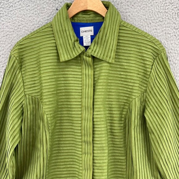 Chicos Blazer Womens 2 US 12 Green Ribbon Stripe Texture Button Stretch Office - Picture 2 of 9